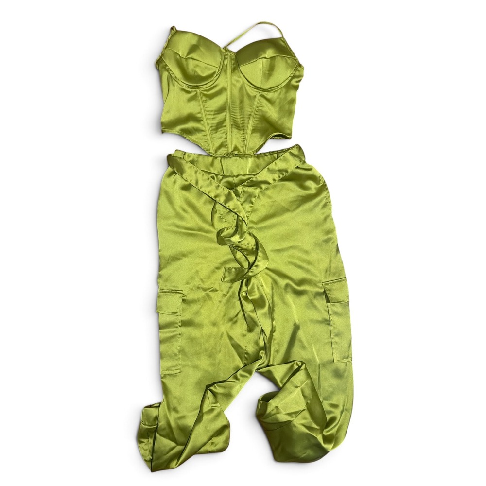 Sincerely Jules Womens Lime Green Satin Corset Top and Cargo Jogger Set S